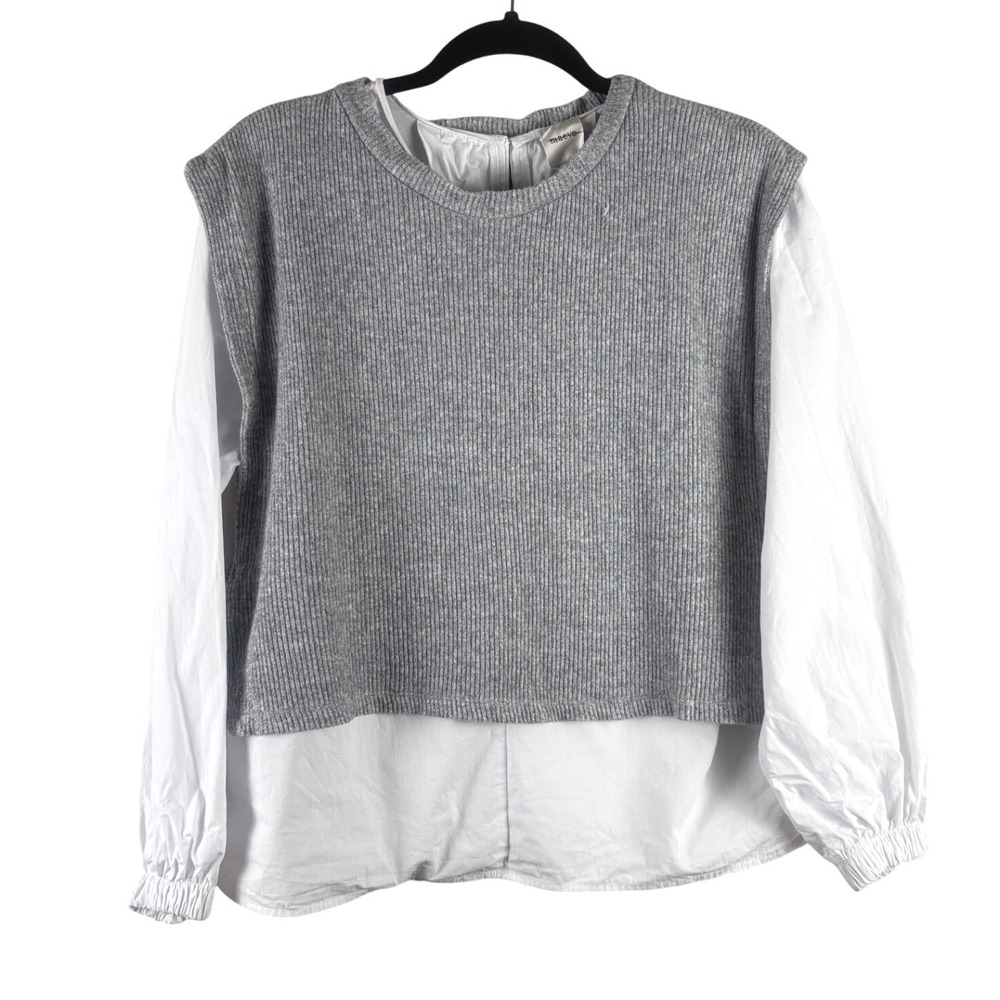 Maeve Anthropologie Twofer Ribbed Sweater Poplin Shirt Layered Top Grey White M - Picture 6 of 9